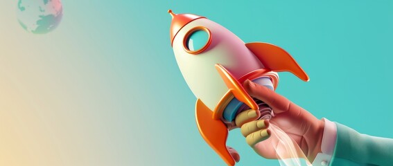 An animated 3D hand holding a bitcoin rocket taking off.