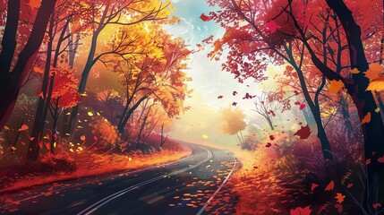 serene autumn road through vibrant forest colorful foliage ai generated illustration