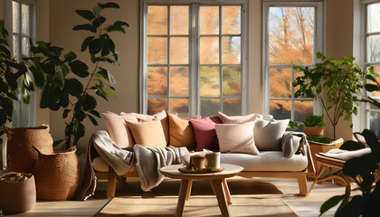 Fototapeta premium casual living room The setting should feel warm and welcoming, with natural light coming through windows and a cozy