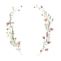 Watercolor Midsummer floral Bouquets collection with hand painted delicate leaves, wildflowers. Romantic floral arrangements perfect for wedding invitation. High quality PNG illustration.