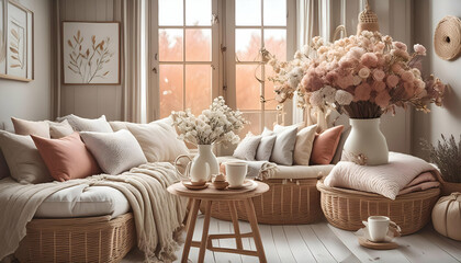 Obraz premium casual living room The setting should feel warm and welcoming, with natural light coming through windows and a cozy