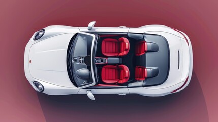 Sports convertible car with soft top down. Convertible - top view, in aerial top down view