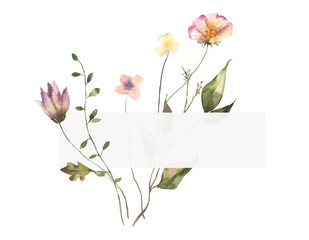 Watercolor Midsummer floral Frame  with hand painted delicate leaves, flowers. Romantic floral frame perfect for wedding greeting cards, invitation. High quality PNG illustration. © Olesya Frolova