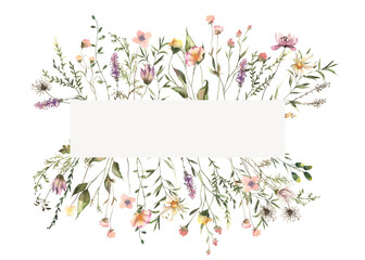 Watercolor Midsummer floral Frame  with hand painted delicate leaves, flowers. Romantic floral frame perfect for wedding greeting cards, invitation. High quality PNG illustration.