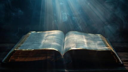 Obraz premium The Bible on a dark background with rays of light.