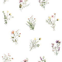 Watercolor painted floral seamless pattern. Green and yellow wild flowers, branches, leaves and twigs. Cut out hand drawn PNG pattern on transparent background.