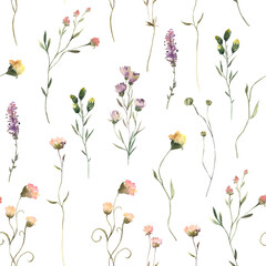 Watercolor painted floral seamless pattern. Green and yellow wild flowers, branches, leaves and twigs. Cut out hand drawn PNG pattern on transparent background.