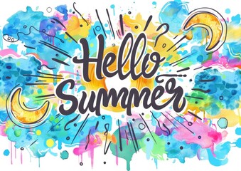 "Hello Summer" in black cursive, colorful brush strokes, sun and clouds vibrant colors, in the style of cartoon Generative AI