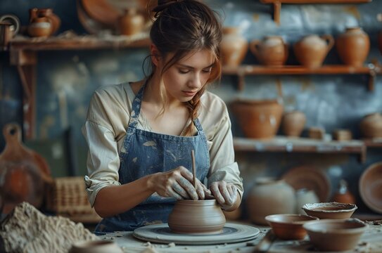 AI generated illustration of a woman shaping clay pots on a pottery wheel