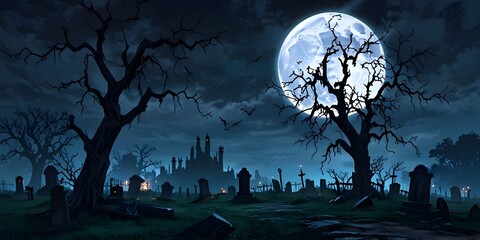 Graveyard to castle with full moon and bats on dead trees on a dark scary night. Generative AI