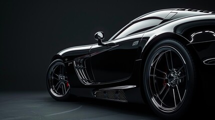 Naklejka premium sleek black sports car with chrome details modern automotive design dramatic studio lighting luxury vehicle advertising photography