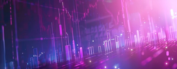 An uptrend line candlestick chart in a stock market on a neon background with widescreen elements