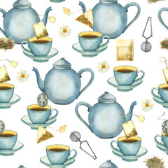 Watercolor pattern on a tea theme. Teapot, cup of tea, tea leaves, chamomile, tea bags. Everything is hand painted with watercolors. For printing on packages, design, scrapbooking.