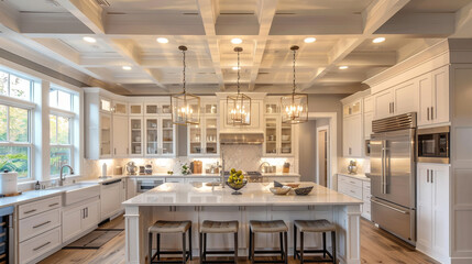 Beautiful kitchen with coffered ceiling and pendant lighting