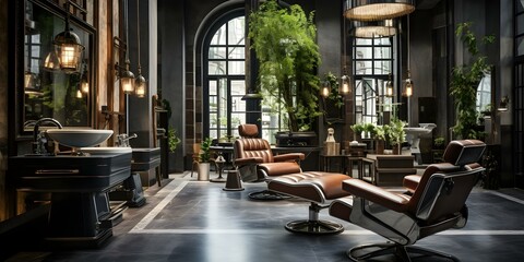 Modern vintage barber salon with luxury aesthetic and contemporary design elements. Concept Barber Salon Design, Modern Vintage, Luxury Aesthetic, Contemporary Elements
