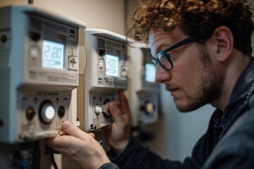 Smart meter, smart metering. A technician using, fixing an electric meter. Home's electrical system. Electrician doing smart meter regular check
