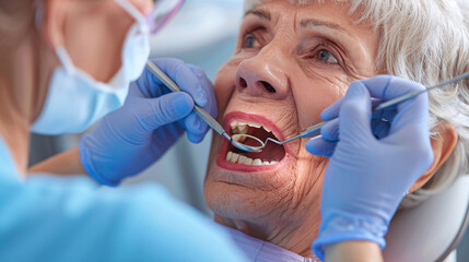 Dentist gesturing with dental mirror examining senior womans teeth and gums for any signs of oral cancer or disease