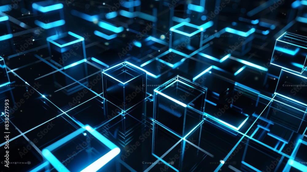Poster digital blocks connected in an isometric pattern to form a crypto chain. binary code for big data fu
