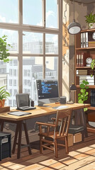 Obraz premium A cozy and organized desk illustration featuring a computer, books, a lamp, and various office supplies, creating a welcoming workspace. 