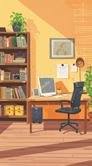 A cozy and organized desk illustration featuring a computer, books, a lamp, and various office supplies, creating a welcoming workspace.
