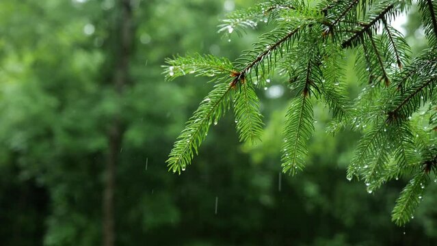 Rain falling on pine tree branches in a forest. Close up shot, slow motion, no people