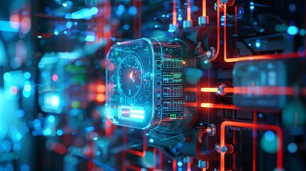 Smart meter, Smart metering, Advanced Data Logger Equipment with Connectivity Indicators in a High-Tech Network Hub at home or office. A smart meter with digital icons and connectivity around it. 