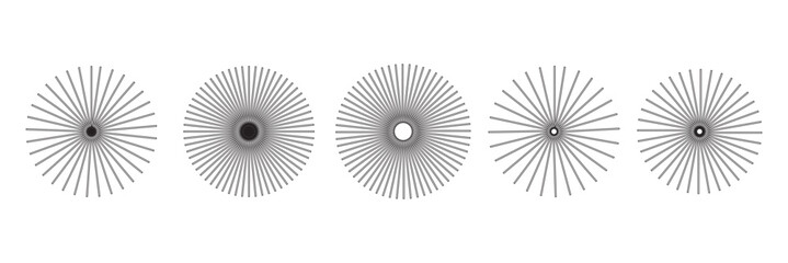 Starburst stripe round set. Ray lines emanate from the center of the circle. Pack of geometric elements. Isolated vector illustration on white background.