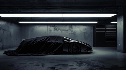 sleek sports car hidden under black fabric in dark garage for dramatic reveal digital art