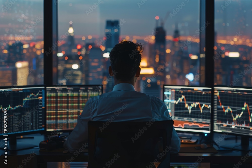 Aufkleber charts and statistics are displayed behind multiple screens as the trader analyzes and trades the fi