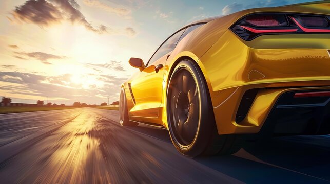 sleek yellow sports car speeding on asphalt road at sunset automotive concept illustration