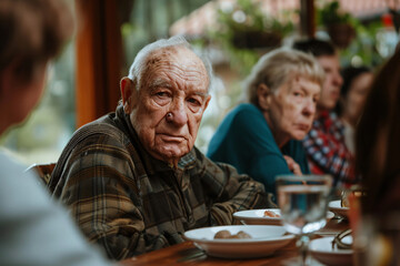 Family gathering around dementia-suffering grandfather who seems lost, struggling to recall names and faces of loved ones