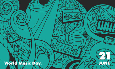 World music day background with abstract ornamental in doodle art hand drawn design
