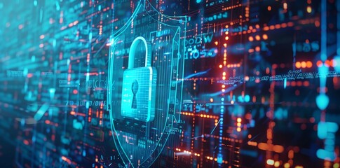 Cybersecurity protection for business data. Security lock for cryptocurrency services. AI generation.