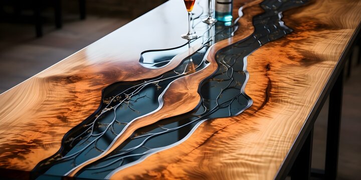 Wood table with epoxy resin river running through abstract topographic contours. Concept Furniture Design, Abstract Art, Epoxy Resin, Woodworking, Topographic Design