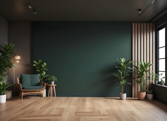 Frame mockup, The Living room interior has a green armchair on an empty dark green wall background. 3D render