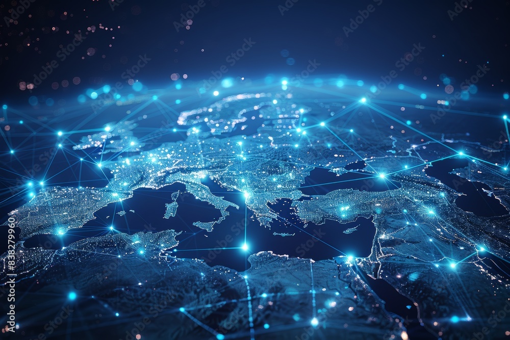 Poster this image is a globe of a planet surrounded by neon grids and nodes. it is a creative concept of te