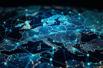 Obraz premium World Wide Web banner with nexus lines, grid, and nodes. Conceptual illustration of technological progress based on generative natural intelligence.