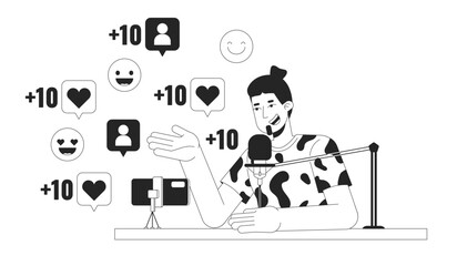 Viral podcaster talking into microphone black and white 2D illustration concept. Guy vlogger cartoon outline character isolated on white. Social media popularity metaphor monochrome vector art