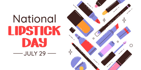 National Lipstick Day banner. Various colorful lipstick bottles and festive lettering. Vector flat background, poster, postcard, flyer.
