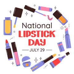 National Lipstick Day banner. Various colorful lipstick bottles and festive lettering. Vector flat background, poster, postcard, flyer.