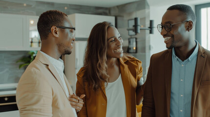 Smiling Real Estate Agent Introducing Young Couple to Modern Apartment in Urban Setting