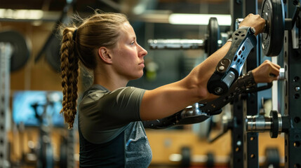 Empowered Woman with Prosthetic Arm Working Out with Weights in Modern Gym