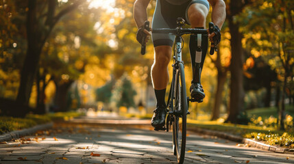 Determined Athlete with Prosthetic Leg Cycling in Idyllic Park Setting