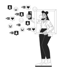 Internet celebrity taking selfie black and white 2D illustration concept. Hispanic young woman holding phone cartoon outline character isolated on white. Go viral metaphor monochrome vector art