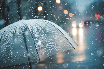 Open transparent umbrella under rain and snow. Rainy weather concept Umbrella on rainy day. Umbrella under rain against water drops splash background. Rainy weather concept.