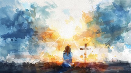 Obraz premium A young woman kneeling and looking at a cross with rays of light watercolor painting