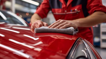 an employee of a car detailing salon polishes a sports business car with special products and cloth. Generative ai    