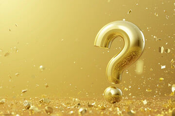 Naklejka premium Helium gold balloon floating on gold background. Gold question mark ? font symbol. Question mark, ?, gold background. Golden balloon question mark.