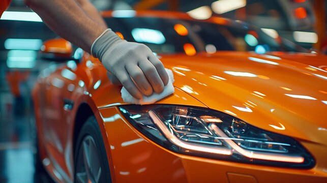 an employee of a car detailing salon polishes a sports business car with special products and cloth while wearing gloves. Generative ai&nbsp;&nbsp;&nbsp;