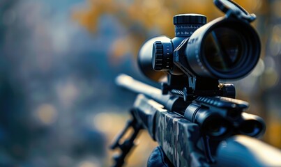 A detailed image of a precision rifle with a scope lying on a bed of fallen autumn leaves, with a blurred forest background.